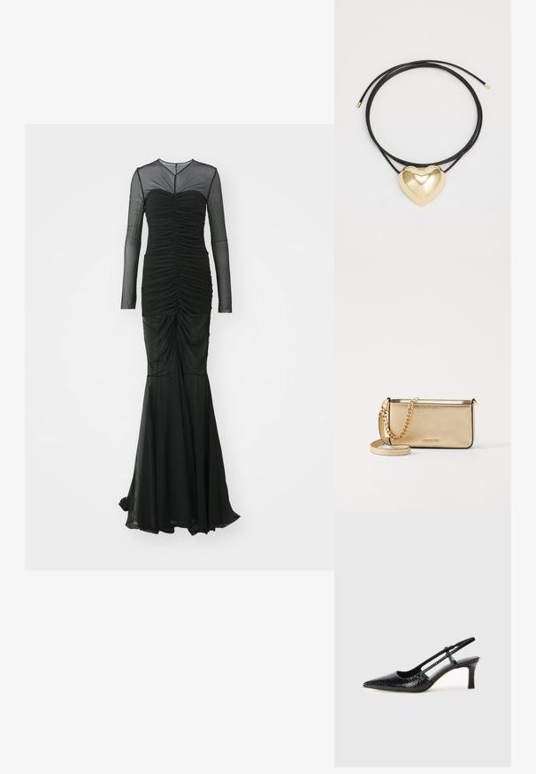 Norma Kamali VNECK SHIRRED FRONT FISHTAIL GOWN DRESS - Alkalmi viselet - black; Fekete lakk slingback sarok, hegyes orral, texturált kígyómintával, állítható pánttal és rövid, texturált tömbsarkal.; Fémes arany bőr clutch táska textured felülettel, arany lánc pánttal és levehető vállpánttal. Márkájának logója debösszel.; Fekete fonott zsinór nyaklánc, polírozott arany szív medállal, sima vonalakkal és fényes felülettel.
