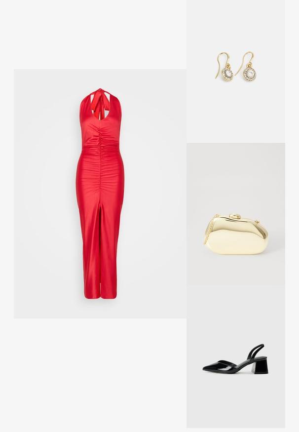 Crvena halter haljina napravljena od glatkog materijala, s nabranim detaljima na korzetu i prorezom sprijeda. Prilagođen silueta s sleek dizajnom.; Crne lakirane kožne sandale s otvorenom petom i špicastim vrhom, s geometrijskom blok petom. Imaju elegantan, minimalistički dizajn i glatku teksturu.; Metalni zlatni clutch s glatkim, zaobljenim oblikom, s gornjim kopčom na dugme i malim lancem za nošenje.; Zlatne naušnice s ovalnim prozirnim kristalima okruženim manjim prozirnim kamenčićima, s dizajnom na kuku za sigurno nošenje.