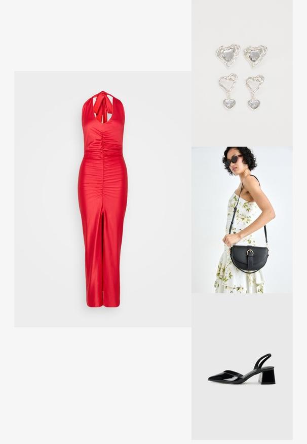 Röd halterneck-klänning i mjukt tyg, med draperad detalj vid bysten och en slits fram. Figurformad silhuett med en stilren design.; Svarta lackläder slingback klackar med spetsig tå och geometrisk klack. Har en elegant, minimalistisk design och slät yta.; Svart läderhandväska med en böjd form, avtagbar rem och guldiga detaljer. Väskan har ett lock med en spänndetalj.; Silvriga örhängen i hjärtform har slipade klara stenar och en texturerad ram. Setet inkluderar både stift- och hängande stilar.