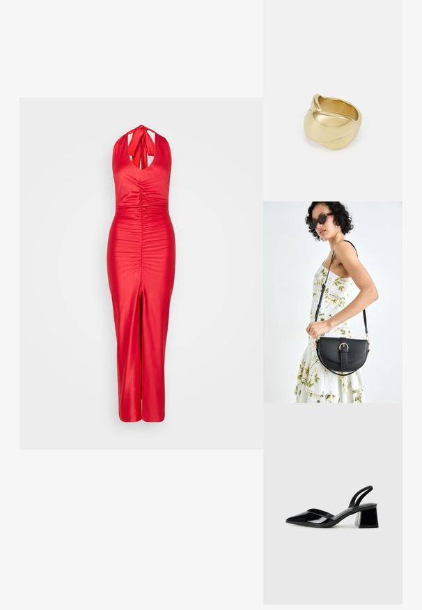 Raudonos spalvos suknelė su halter kaklu, pagaminta iš lygaus audinio, su surinktais detalėmis krūtinės srityje ir priekinėmis skeltėmis. Formą prigludusi siluetas su elegantišku dizainu.; Juodos lakuotos odinės šlepetės su smailiu pirštu ir geometriniu bloko kulnu. Turi elegantišką, minimalistinį dizainą ir lygų paviršių.; Juodas odinis krepšys su išlenkta forma, nuimamu dirželiu ir auksiniais detalėmis. Krepšys turi kilpą su sagtimi.; Auksinės spalvos žiedas su lygiu, sukamu dizainu. Yra poliruotas paviršius ir suapvalinti kraštai, sukuriantys vientisą, sklandžią formą.