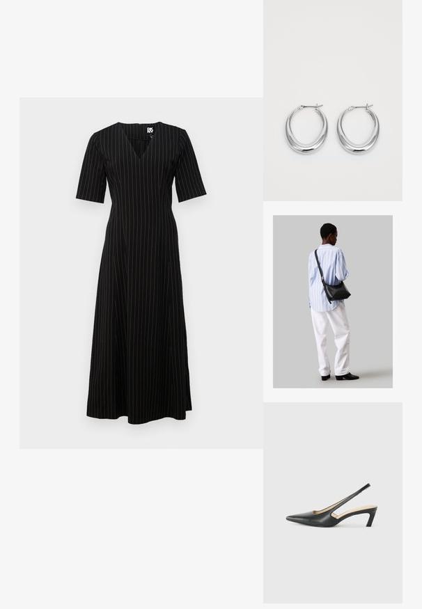 Μαύρο midi φόρεμα με V λαιμόκοψη, κοντό μανίκι και κάθετες χρυσές ρίγες. Φτιαγμένο από μαλακό ύφασμα, με εφαρμοστό κορσέ και φαρδιά φούστα.; Μαύρο παπούτσι slingback με αιχμηρή μύτη και χαμηλό τακούνι, κατασκευασμένο από λείο δέρμα με σχέδιο κοπής στη πλευρά για αερισμό.; Μαύρη δερμάτινη τσάντα ώμου με απαλή υφή, τριγωνικό σχήμα και ρυθμιζόμενο λουρί, συνδυασμένη με ένα ανοιχτό μπλε ριγέ πουκάμισο και λευκό παντελόνι.; Ζεύγος γυαλιστερών ασημένιων σκουλαρικιών σε σχήμα σκηνιού με κλειδαριές με αρθρωτό μηχανισμό σε λευκό φόντο.