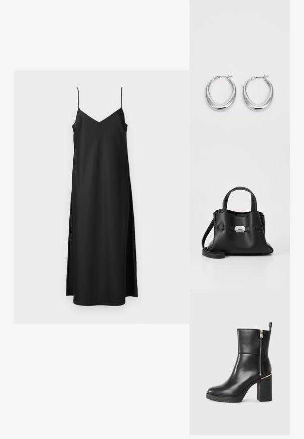 2nd Day ASTRALAS - Vestido de cóctel - meteorite black; Botín negro de tobillo hecho de cuero suave, con cremallera lateral y un tacón bloque texturizado. Diseño de deslizamiento con punta redondeada.; Bolso de mano de cuero negro con un acabado texturizado, que cuenta con dos asas superiores, una correa de hombro desmontable y un detalle de broche plateado.; Un par de pendientes de aro en forma de media luna pulidos de plata con cierres de bisagra sobre un fondo blanco.