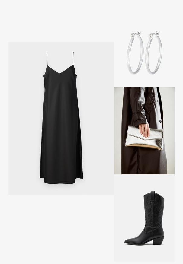 2nd Day ASTRALAS czarny; Czarne skórzane kowbojki z szpiczastym noskiem, z embosowanymi spiralnymi wzorami i średnim obcasem. Posiadają pętelkę do łatwego zakładania.; Srebrna metaliczna kopertówka o kształcie kątowym, gładka w dotyku, z kontrastowym kolorem wewnątrz, trzymana w ręce noszącej czarny płaszcz.; Srebrne kolczyki w formie kółek o gładkim, polerowanym wykończeniu. O okrągłym kształcie i pewnym zapięciu na klik. Lekka konstrukcja odpowiednia do codziennego noszenia.