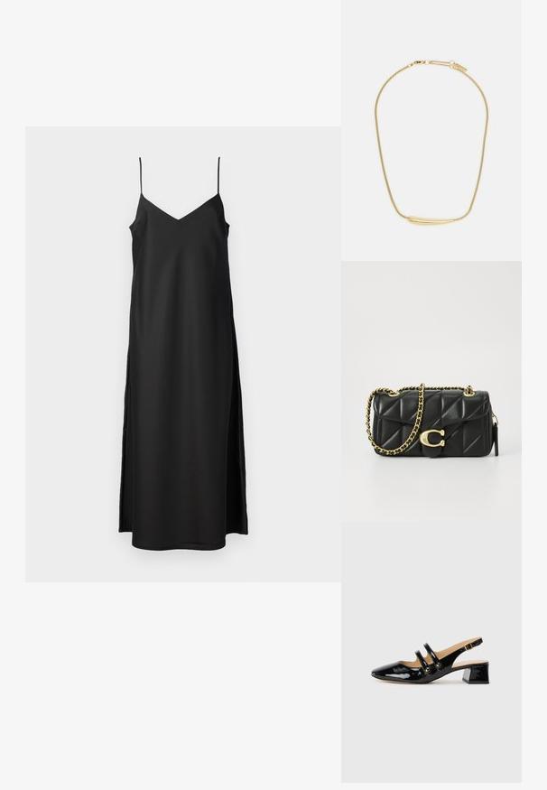 2nd Day ASTRALAS - Robe de soirée - meteorite black; Chaussure slingback en cuir verni noir avec bout pointu, détail de deux brides, accents circulaires dorés et un petit talon carré.; Sac à main en cuir matelassé noir avec une bandoulière en chaîne dorée et un fermoir à bascule avec un accent circulaire. Forme rectangulaire compacte.; Collier plaqué or avec un accent central lisse et courbé. Possède une chaîne flexible avec un fermoir à homard et des maillons supplémentaires ajustables.