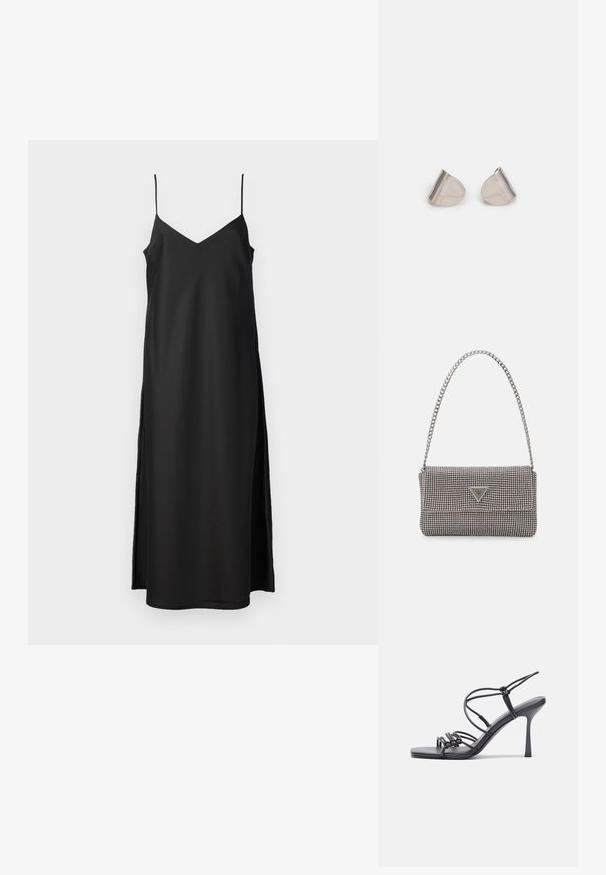 2nd Day ASTRALAS - Vestito elegante - meteorite black; Sandali neri con tacco alto presentano sottili cinturini con design annodato, una punta quadrata liscia e un elegante tacco a spillo.; Borsa a mano metallica grigia chiara con tracolla a catena, impreziosita da piccoli chiodi metallici circolari e da un logo triangolare del marchio.; Orecchini in metallo argentato con forma a goccia liscia e finitura lucida. Incisioni sottili aggiungono dettagli. Design minimalista.