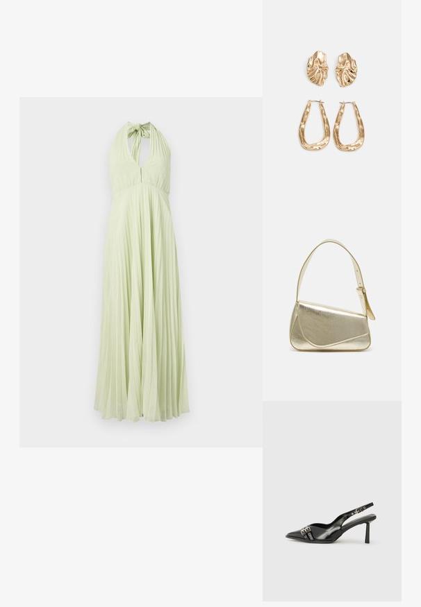 Rochie plisată cu gât halter, de culoare verde deschis, având un spate deschis și un bust ajustat care curge într-o fustă evazată. Textură netedă pe întreaga suprafață.; Pantofii slingback din piele lăcuită neagră, cu vârf ascuțit, bretele pentru gleznă cu catarame și accesorii din argint, și un toc subțire.; Geantă de umăr metalică aurie cu un design structurat, textură netedă și curea reglabilă. Prezintă o formă triangulară unică și cusături minimaliste.; Cercei aurii cu forme texturate și ondulate. Include studs sculpturale cu clip și un design de cerc deschis cu un finisaj cioplit.
