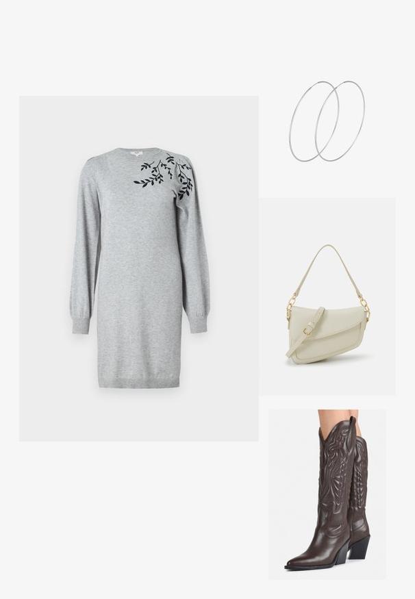 Object OBJTHESS - Haljina s naramenicama - light grey melange; Smeđe kožne kauboj čizme s šiljastim vrhom i blok-potpeticom, s detaljno izvezenim šavovima i uzdignutim naglascima na okovu.; Mala krem torbica s teksturiranim finišom, dugačkim podesivim remenom, lančanim detaljem i preklopom. Zlaćani hardver.; Srebrne okrugle naušnice s minimalističkim dizajnom. Kružni oblik, glatka tekstura i tanak profil. Lagane s poliranim završetkom.