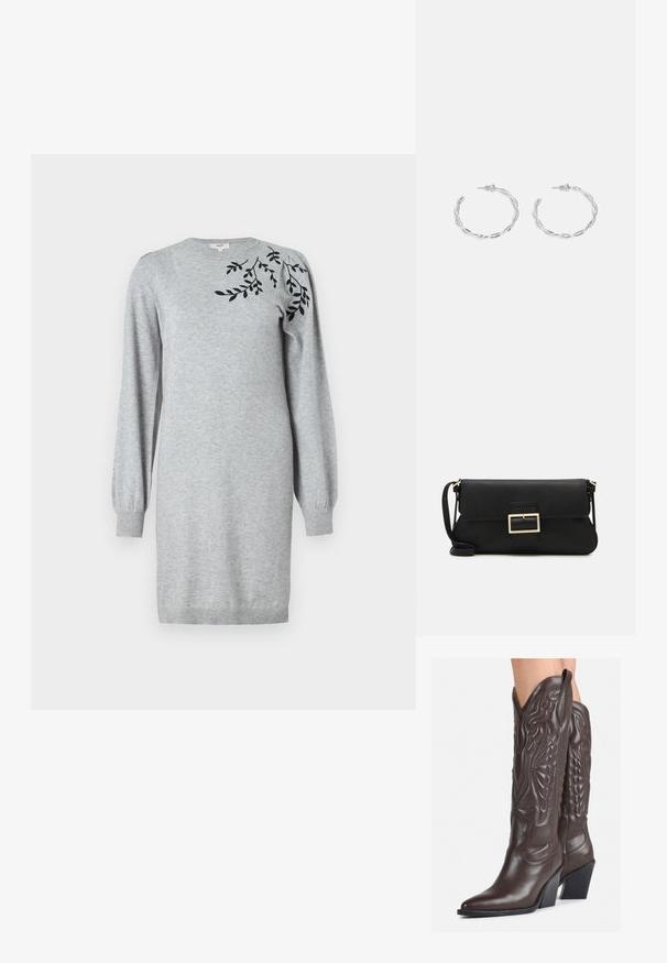 Object OBJTHESS - Pulóverruha - light grey melange; Barna bőr cowboy csizmák hegyes orral és blokk sarkal, részletes varrással és kiemelkedő díszítésekkel a szárán.; Fekete bőr kézitáska hajtóka részlettel és aranyszínű fém csattal. Tartalmaz egy fekete pántot és egy letisztult, minimális dizájnt.; Ezüst karika fülbevalók csavart kialakítással, fényes felülettel és fülbevaló tűzáras zárással. Átmérőjük körülbelül 3 cm.