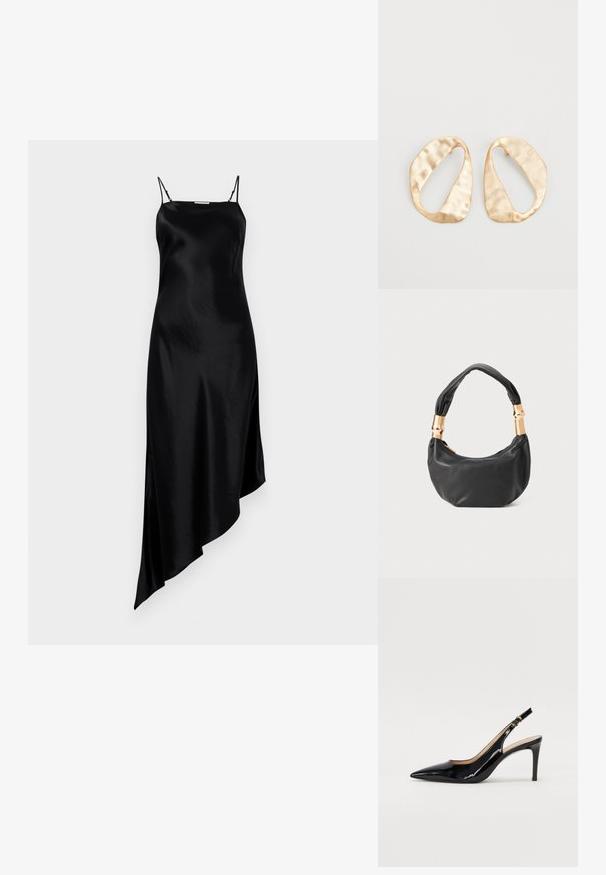 Čierne saténové šaty s tenkými nastaviteľnými ramienkami, asymetrickým lemom a hladkým, elegantným povrchom. Jednoduchý dizajn bez vzorov alebo akcentov.; Čierne lakované kožené slingback lodičky s špicatou špičkou, štíhlým podpätkom a jemným výrezom. Obsahuje zlatú pracku na remienku.; Čierna kožená kabelka s guľatým tvarom, príjemnou textúrou a uzlíkovou rukoväťou s akcentmi zlatého tónu. Zipsové uzatvorenie.; Pár nepravidelných oválnych zlatistých kovových náušníc s textúrovaným, mierne rozbitým povrchom na bielom pozadí.