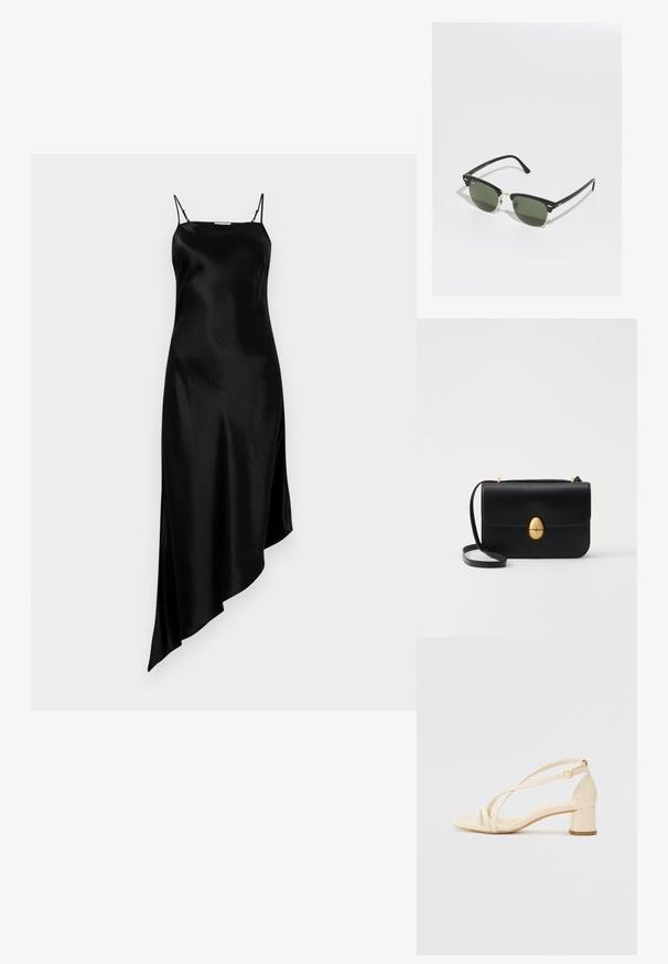Vestido de cetim preto com alças finas ajustáveis, bainha assimétrica e uma textura suave e elegante. Design simples, sem padrões ou detalhes.; Sandálias de salto bege com salto bloco, design com tiras e correia no tornozelo ajustável, feitas de material sintético liso com acabamento mate.; Óculos de sol pretos e dourados com lentes verdes, apresentando um formato de olho de gato, accentos metálicos e uma armação texturizada.; Bolsa de mão em couro preto com uma forma rectangular estruturada. Apresenta um fecho oval dourado e uma alça para o ombro fina. Textura suave.