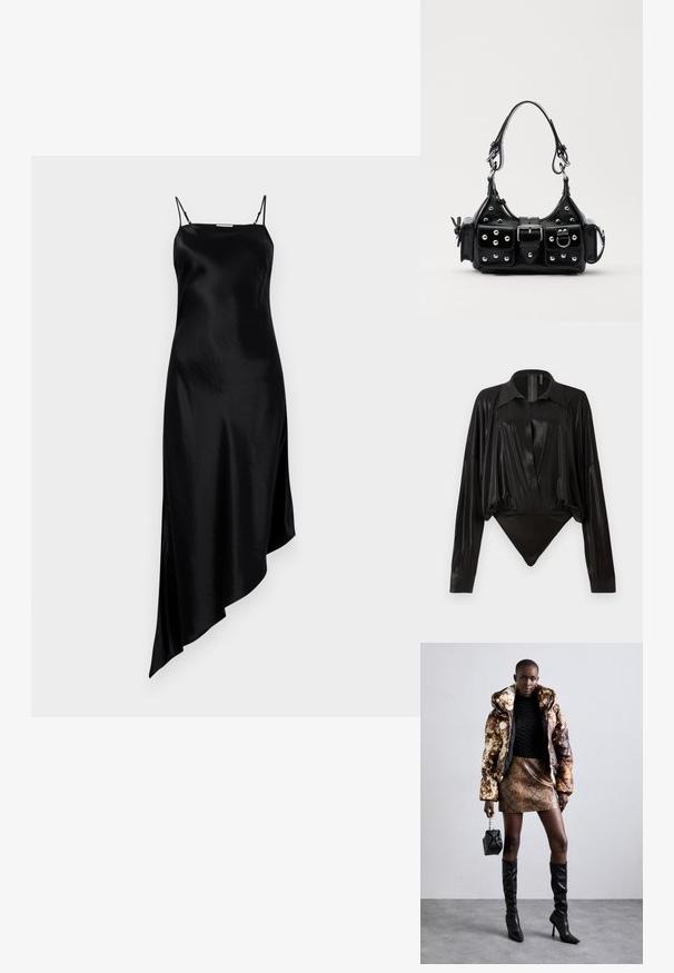 Černé saténové šaty s tenkými nastavitelnými ramínky, asymetrickým lemováním a hladkou, lesklou texturou. Jednoduchý design bez vzorů nebo akcentů.; Černý body s dlouhými rukávy, výstřihem do V a přiléhavým střihem. Vyrobeno z lesklého, hladkého materiálu se strukturovaným límcem a manžetami.; Puffa bunda s hnědým a černým vzorem, zkombinovaná s hnědou mini sukní s hadím vzorem, černými vysokými botami a malou černou taškou.; Černá kožená kabelka s křivkovým designem, zdobená stříbrnými hřebíky, s přezkou a dvěma bočními kapsami. Nastavitelný popruh pro různé možnosti nošení.