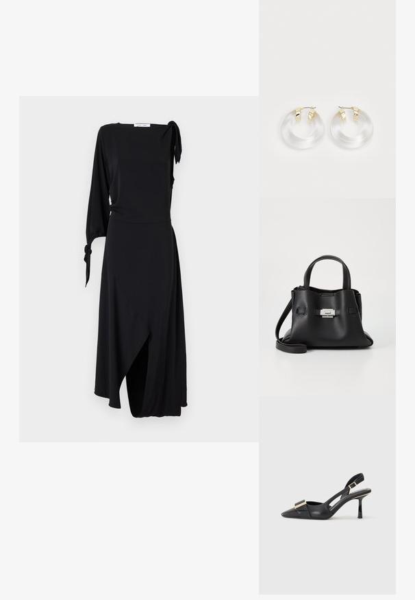 Fekete kötött ruha egy hosszú ujjal és csomó részlettel a vállnál. Aszimmetrikus alsó szegélye és sima szövettextúrája van.; Fekete bőr slingback cipő hegyes orral, karcsú sarkal és aranyszínű kiegészítővel a lábfej résznél. Simább szerkezet és letisztult dizájn.; Fekete bőr kézitáska struktúrált felülettel, két felső fogantyúval, levehető vállpánttal és ezüst színű csattal.; Átlátszó akril fülbevalók arany tónusú fémszegélyekkel és fényes felülettel. Simább, kör alakú dizájnnal rendelkezik.
