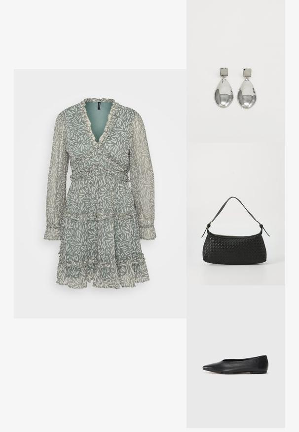 Vihreä kukkakuosiset mekko, jossa on V-mallinen kaula-aukko, röyhelöreunat, pitkät hihat ja kerrokselliset helmassa, valmistettu kevyestä, läpikuultavasta kankaasta.; Musta nahkainen ballerinatyyppinen kenkä, terävä kärki, minimalinen muotoilu, sileä pinta, matala korko, ei näkyvää metalliosaa tai koristeita.; Mustan kudotun olkalaukun, jossa on sileä nahkahihna ja vetoketjukiinnitys. Mahdollistaa teksturoituneen pinnan ja kaarevan muodon.; Hopeakoru drop -korvakorut, joissa on neliömuotoinen nappi, sileällä, kiillotetulla pinnalla ja pisaran muotoisella designilla, heijastavat valoa kiiltävän pinnan kautta.