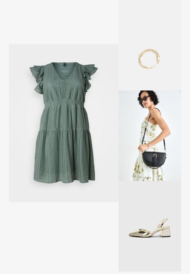 Vero Moda Curve VMHONEY V NECK DRESS - Dnevna obleka - laurel wreath; Zlati, kovinski slingback čeveljci z ostrim nosom in masivnim peto. Gladka tekstura, minimalistična zasnova in ozka zanka.; Črna usnjena torbica s ukrivljeno obliko, z odstranljivo naramnico in zlatimi dodatki. Torbica ima pokrov s podrobnostmi v obliki zaponke.; Zlati prstan s organskim, zvitim dizajnom, gladko površino in taperiranimi konci, ki ustvarja modernega, skulpturalnega videza.