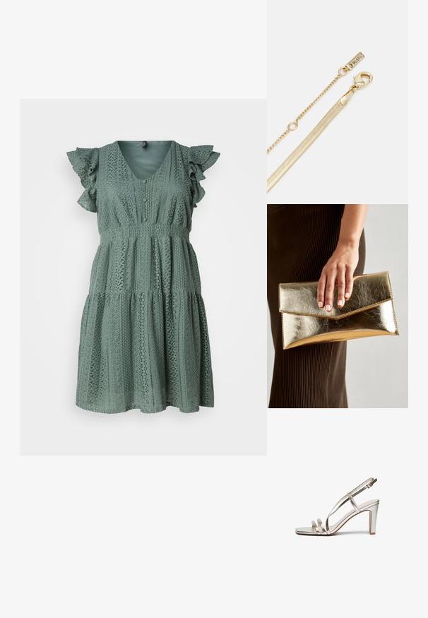 Vero Moda Curve VMHONEY V NECK DRESS - Denní šaty - laurel wreath; Metalické stříbrné sandály na vysokém podpatku s otevřenou špičkou, které mají tři tenké pásky přes nohu a pásek kolem kotníku s přezkou.; Zlatá metalická kabelka typu clutch s hladkým povrchem, s trojúhelníkovým zavíráním. Ruka, která ji drží, má pečlivě upravené nehty.; Zlatá řetězová spona s klasickým zapínáním a malou visačkou s nápisem "PILGRIM." Má hladký, strukturovaný povrch a elegantní, prodloužený design.