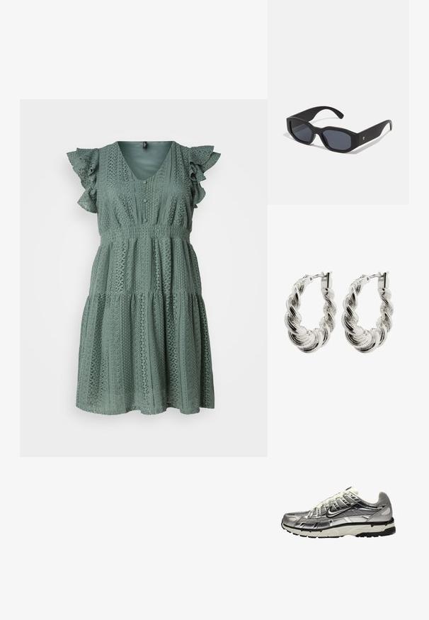 Vero Moda Curve VMHONEY V NECK DRESS - Nappali ruha - laurel wreath; Ezüst és fekete sportcipő, hálós és szintetikus felsőrésszel, voluminózus dizájnnal és texturált felülettel. Párnázott bokarésszel és gumitalppal rendelkezik.; Fekete napszemüveg téglalap alakú kerettel, matt felülettel, sötét lencsékkel és enyhén ívelt szárakkal. Diszkrét logó díszítés az egyik szárán.; Csavarodott ezüst karika fülbevalók fényes felülettel, fonott textúrával és biztonságos kapcsos záródással.