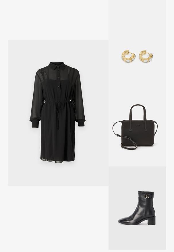 Abito camicia nero in tessuto trasparente, con chiusura a bottoni sul davanti, colletto e cintura in vita. Maniche lunghe con polsini neri.; Stivale alla caviglia in pelle nera con punta appuntita, tacco blocco e una cinghia con dettagli metallici del logo. Texture liscia e design minimal.; Borsa nera con doppi manici corti e tracolla removibile. Materiale simile alla pelle liscia con chiusura a zip e dettaglio del logo.; Orecchini a cerchio in oro con un design testurizzato e tre accenti di cristalli trasparenti su un lato, che offrono un'estetica geometrica moderna.
