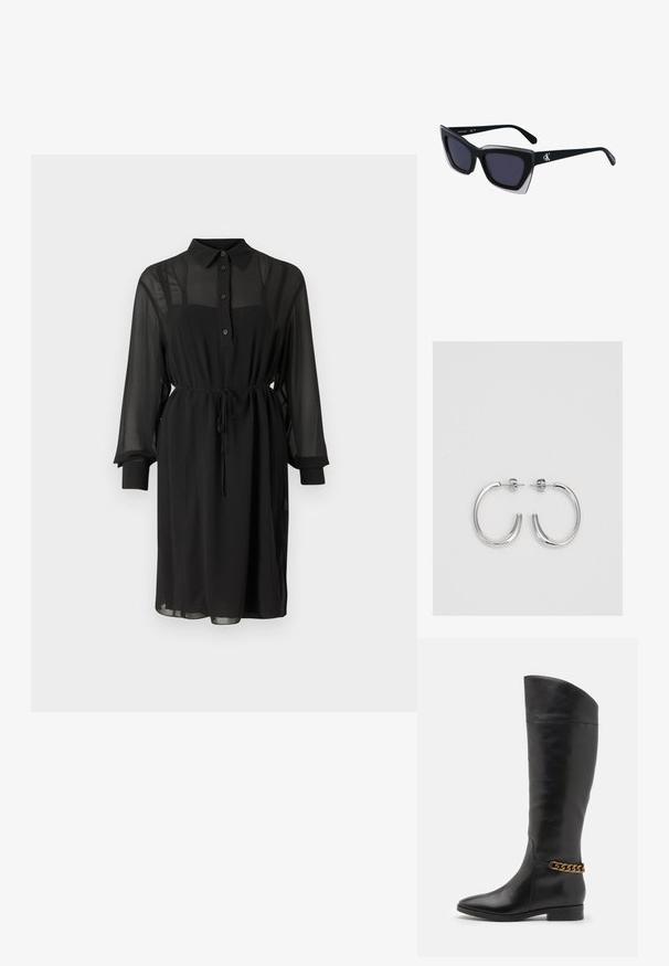 Juoda marškinių suknelė iš permatomo audinio, su mygtukais priekyje, apykakle ir juosmens raišteliu. Ilgos rankovės su juodais labainukais.; Aukšti juodi odiniai batai su liekna forma, smailiu smaigaliu ir aukso grandinėlės akcentu ties kulkšnimi. Žemas bloko kulnas. Lygi tekstūra.; Juodos didelės saulės akinių su geometrine forma, turinčiais tamsius objektyvus ir kontrastingą pilką detalę ant rėmelio. Logotipas ant šalon.; Sidabrinės auskarai žiedai su lygiu, blizgiu paviršiumi. Suapvalinta forma, lengvas dizainas, su uždarymu ant smeigtuko.