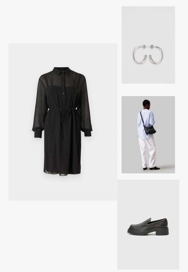 Čierne šaty z priehľadného materiálu, s predným zapínaním na gombíky, golierom a opaskom v páse. Dlhé rukávy s čiernymi manžetami.; Čierne kožené mokasíny s okrúhlou špičkou, hrubou textúrovanou podrážkou a minimom stehovej výzdoby. Štíhly dizajn bez viditeľných šnúr alebo kovania.; Čierna kožená ramenná taška so mäkkou textúrou, trojuholníkovým tvarom a nastaviteľným popruhom, skombinovaná s svetlomodrou pruhovanou košeľou a bielymi nohavicami.; Strieborné kruhové náušnice s hladkým a lesklým povrchom. Okrúhly tvar, ľahký dizajn, s uzáverom na kolík.