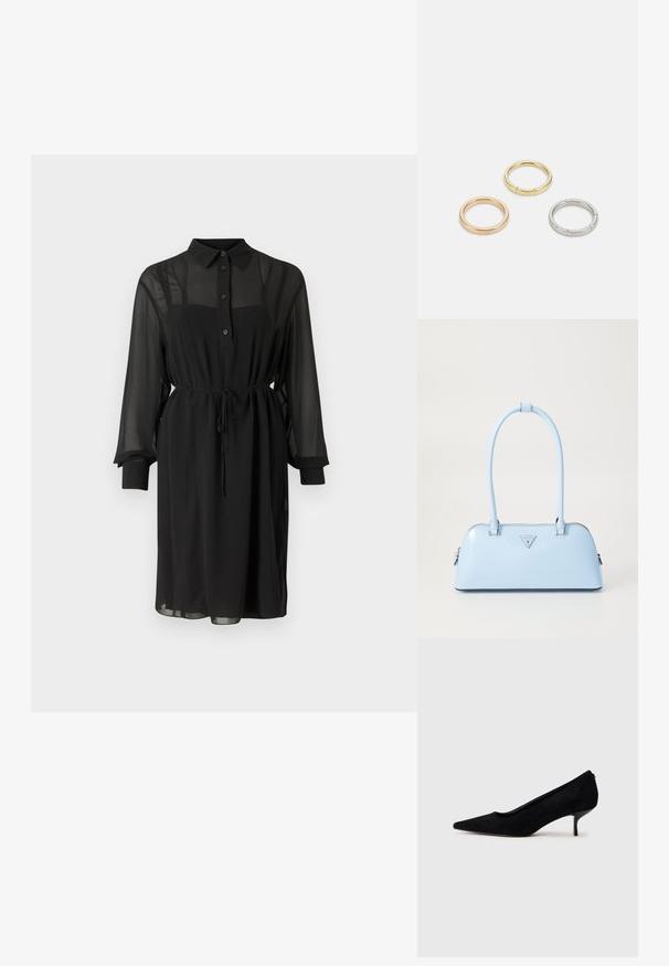 Juoda marškinių suknelė iš permatomo audinio, su mygtukais priekyje, apykakle ir juosmens raišteliu. Ilgos rankovės su juodais labainukais.; Juodas zomšinis aukštakulnis batus su smailiu kojų pirštu ir plonu, žemu kulnu. Lygi tekstūra su elegantišku dizainu, be matomų metalinių detalių.; Šviesiai mėlyna rankinė su struktūriška forma, lygaus odos paviršiaus, dviem rankenomis ir trikampiu prekės ženklo logotipu priekyje. Užtraukiama uždanga.; Trys metalinės žiedai: vienas rožinės aukso, vienas auksinis su tekstūruotais akcentais ir vienas sidabrinis, visi su įmintu ženklinimu vidinėje juostoje.