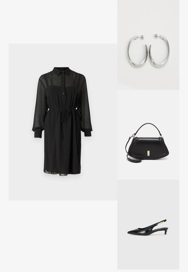 Rochie neagră dintr-un material transparent, cu închidere cu nasturi, guler și talie legată. Mâneci lungi cu manșete negre.; Sandale slingback din piele neagră cu vârf ascuțit, având un toc subțire și un accent de culoare aurie pe curea ajustabilă. Textură netedă.; Geantă de umăr din piele neagră, cu un design structurat, având o formă tăiată, mânere superioare și accente din aur. Include o curea de umăr ajustabilă.; Cercei din argint, cu un design neted și curbat. Prezintă o finisare metalică strălucitoare și închidere cu stud. Fără modele sau accente vizibile.