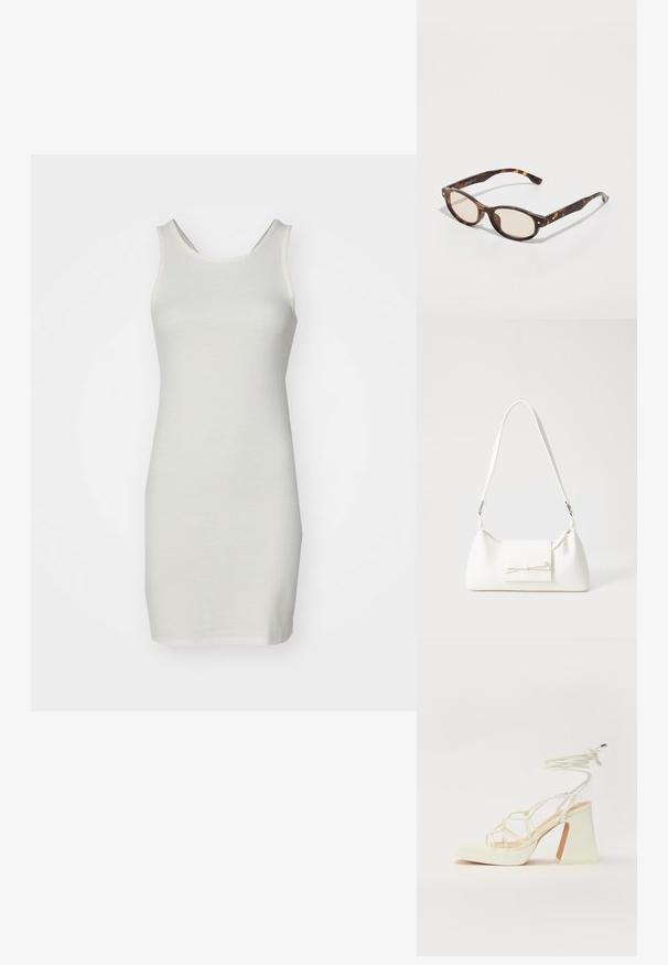 Balts, bez piedurknēm tērps, kas izgatavots no teksturēta auduma. Tam ir apaļa kakla izgriezuma forma un pieguļošs siluets, kas krīt virs ceļgaliem.; Baltas augstpapēžu sandales ar masīvu papēdi, ar siksnu dizainu un potītes saistītiem elementiem. Gluda tekstūra ar platformu priekšpusē, lai nodrošinātu papildu augstumu.; Tortoiseshell saules brilles ar noapaļu formu un gaišiem stikliem. Aprīkotas ar izturīgām kājām ar mazām zelta akcentiem, izgatavotas no plastmasas materiāla.; Balta sintētiska soma ar trīsstūrveida formu, plakanu priekšējo vāciņu un loku detaļu, regulējamu siksnu, gludu tekstūru un minimālistisku dizainu.
