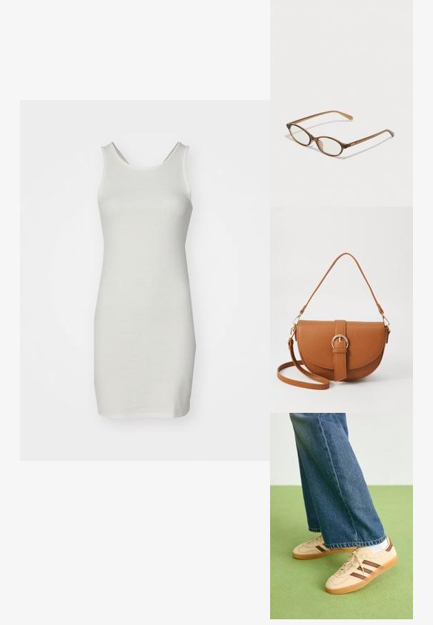 Balts, bez piedurknēm tērps, kas izgatavots no teksturēta auduma. Tam ir apaļa kakla izgriezuma forma un pieguļošs siluets, kas krīt virs ceļgaliem.; Beidzīgi krēmbalti sporta apavi ar tekstūru un brūnā svītra, apvienoti ar zilu džinsu biksēm. Džinsus raksturo plata kāja un saplēsts apakšmalas dizains.; Brūnas bruņurupuču čuguna brilles ar ovālām lēcām, plānām kājām un caurspīdīgām akcentiem. Uz tempļa ir smalka logo. Sleek, viegla konstrukcija.; Brūns ādas plecu soma ar izliekta formu, zelta piederumiem un sprādzes akcentu. Iesaiņota ar noņemamu plecu siksnu.