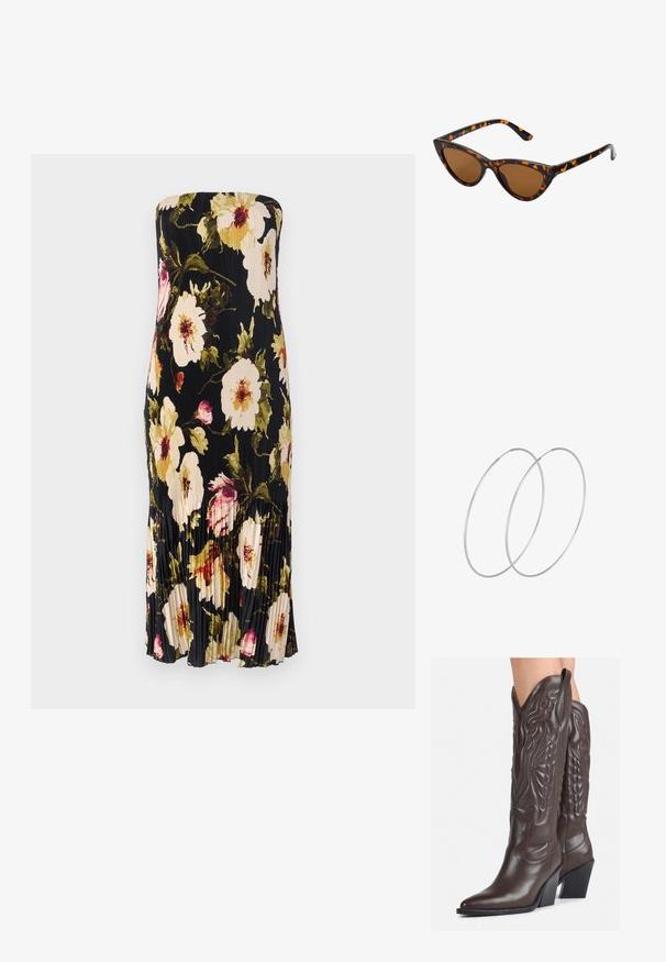 Rihmata sirmi must kleit, millel on volditud disain ja suured lillemustrid kreemi, roosa ja rohelise värviga. Allpool põlve pikkusega ja peente volangidega.; Pruunid nahast cowboy saapad terava varbaga ja plokk-kandaga, millel on detailne tikand ja kergelt tõstetud aktsendid varrel.; Kassi vormiga prillid musta ja oranži kilpkonnakujulise raami, pruunide läätsede ja elegantsete teravate otstega. Templi juures on minimaalne logo.; Hõbedased rõngastikkaehingad minimalistlikus disainis. Ümar kuju, sile tekstuur ja õhuke profiil. Kerged ning poleeritud viimistlusega.