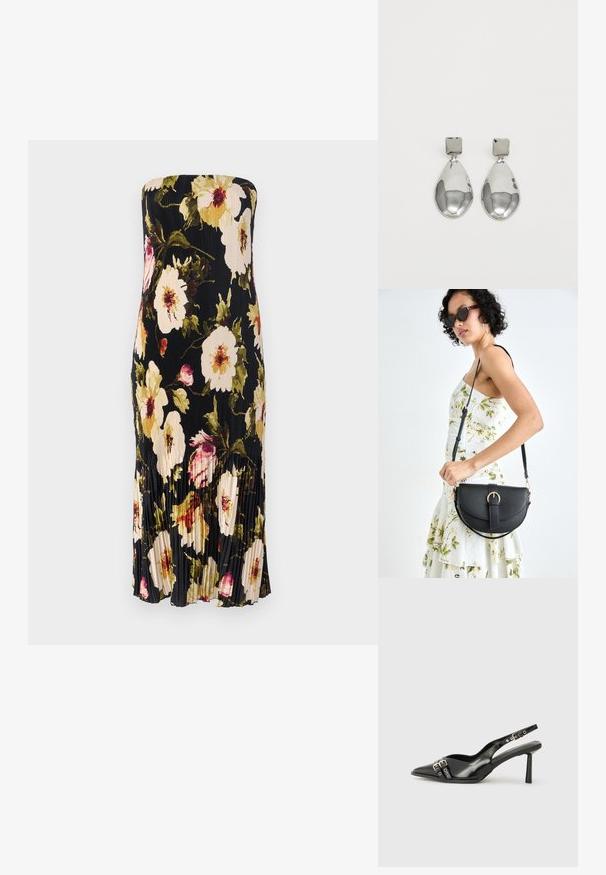 Vestido negro sin tirantes con un diseño plisado, que presenta grandes patrones florales en crema, rosa y verde. De longitud debajo de la rodilla con sutiles volantes.; Zapato de charol negro tipo slingback con punta afilada, correas al tobillo con hebillas y herrajes de plata, y un tacón delgado.; Bolso de piel negra con forma curva, correa desmontable y herrajes dorados. El bolso cuenta con una solapa con un detalle de hebilla.; Pendientes de gota de plata con un arete cuadrado, presentando un acabado suave y pulido en forma de lágrima, que refleja la luz con una superficie brillante.