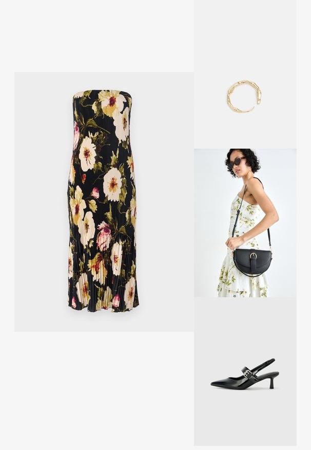 Olkapään ilman hihnoja musta mekko, jossa on laskostettu suunnittelu ja suuret kukkakuviot kerma-, pinkki- ja vihreissä sävyissä. Polven alapuolelle ulottuva, jossa on hienovaraiset röyhelöt.; Musta patenttinaahkakengät, joissa on osoittava kärki ja pieni lohko korko, varustettuna hopeisella soljella hihnassa.; Musta nahkainen käsilaukku, joka on kaareva muotoilultaan, irrotettavalla hihnalla ja kultaisilla yksityiskohdilla. Laukussa on läppä, jossa on solk yksityiskohta.; Kultaketju, jossa on orgaaninen, kierretty muotoilu, sileä pinta ja cappatut päät, luoden modernin, veistoksellisen ilmeen.