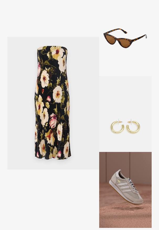 Robe noire sans bretelles avec un design plissé, ornée de grands motifs floraux en crème, rose et vert. Longueur sous le genou avec de subtils volants.; Baskets beiges avec tige en daim et mesh, trois bandes blanches, semelle en caoutchouc gomme, lacets bleus, et logo accent doré. Design rétro classique.; Lunettes de soleil style œil de chat avec une monture en écaille de tortue noire et orange, verres marron et pointes effilées et élégantes. Présente un logo minimaliste sur la branche.; Boucles d'oreilles en or avec une finition lisse et brillante. Design circulaire présentant un petit clou et une attache transparente pour un port sécurisé.