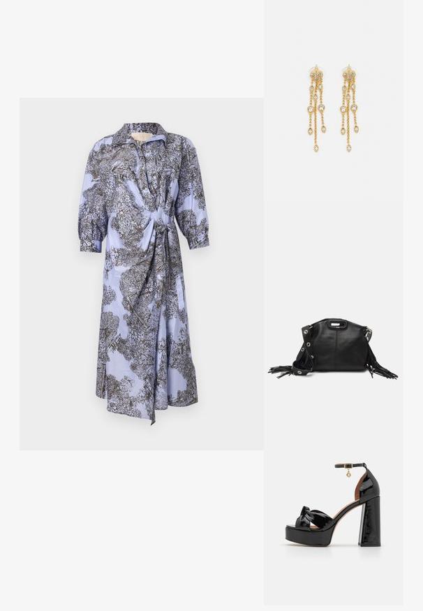 Vaaleansininen mekko, jossa on musta kasvitulostus, kauluksellinen pääntie, puffihihat ja sidottu vyötärö. Liukas kangas, polvimittainen.; Maje Korolliset sandaalit - noir; Maje MISS MINI - Olkalaukku - noir; Kultaketjua roikkuvat korvakorut, joissa on useita putoavia ketjuja, ja selkeitä ovaaleja rhinestone-akselteja sekä koristeelliset niittitoppaukset.