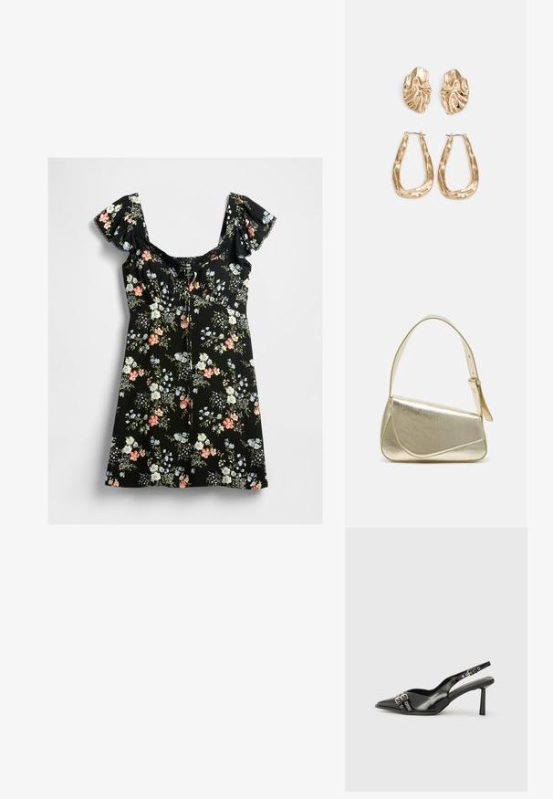 Vestido curto preto com mangas bufantes, decote com renda e padrão floral multicolorido em rosa, branco, azul e folhas verdes.; Sapato slingback preto em pele patentada com bico apontado, tiras no tornozelo apresentando fivelas e acessórios prateados, e um salto elegante.; Bolsa de mão metálica dourada com um design estruturado, textura suave e alça ajustável. Apresenta uma forma triangular única e costura minimalista.; Brincos em tom de ouro com formas onduladas e texturizadas. Inclui studs escultóricos com presilha e um design de argola aberta com um acabamento martelado.