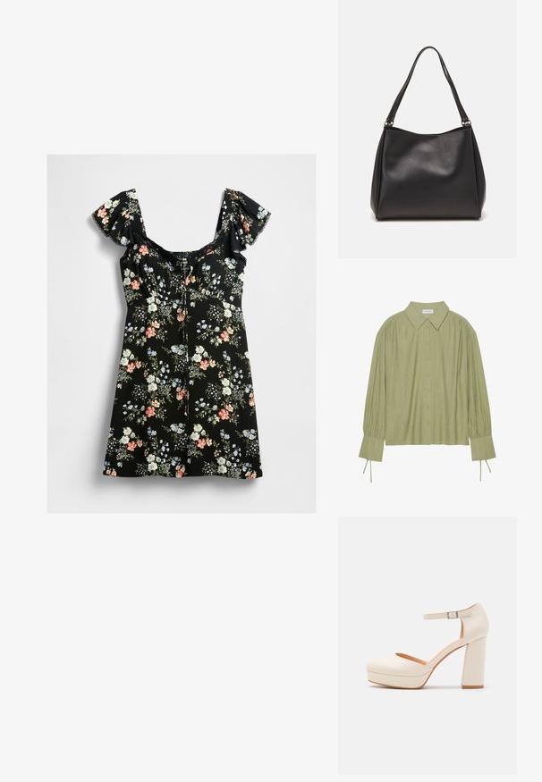 Svarte korte kjole med puffede ermer, blondekant i halsringen og flerfargede blomster mønster i rosa, hvit, blå og grønne blader.; Lysegrønn langermet skjorte med knappelukking foran, krage, teksturert stoff og knytedetaljer ved mansjettene. Rett skjæring.; Kremfargede plattformhelter med rund tå og justerbar ankelreim. Har en kraftig blokkhæl med en lett tresaccent.; Svart syntetisk lærveske med myk tekstur, hobo-form og doble skulderstropper; har en blank overflate og minimalistisk design.