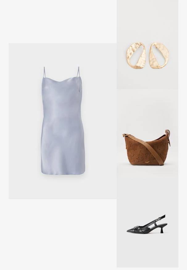 Zīda slīdne kleita gaiši zilā krāsā ar plānām regulējamām siksniņām, gludu, elegantu tekstūru un vienkāršu siluetu.; Melnas ādas šlipsveida kurpes ar norādītu purngalu, dekoratīvām joslām ar metāla acīm un zemu bloku papēdi. Teksturēta virsma.; Brūns zamšs plecu soma ar iegravētu ziedu dizainu, papildināta ar gludu brūnu ādas siksnu un zelta toņa detaļām.; Pāris neregulāras ovālas formas zelta toņos metāla auskaru ar teksturētu, nedaudz sitētu virsmu uz baltas fona.