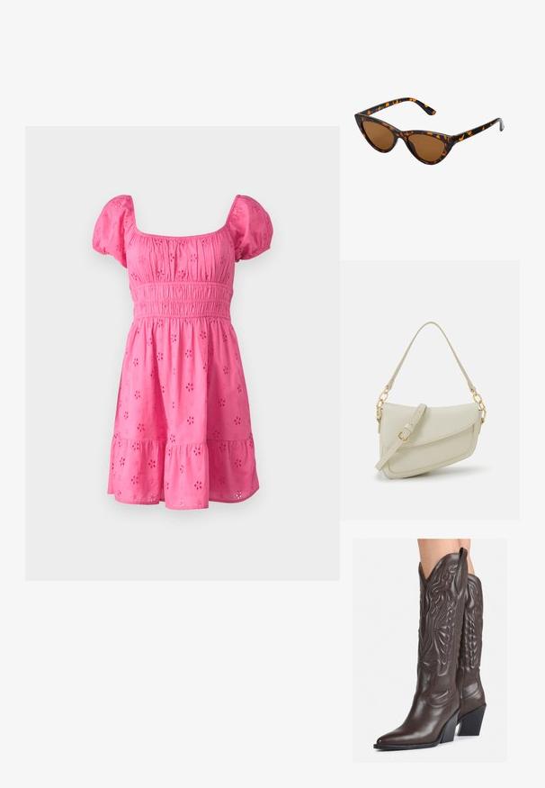 Vestido de algodão rosa com mangas bufantes, decote quadrado, cintura elástica e saia em camadas com detalhe de ilhós floral.; Botas de cowboy em couro castanho com bico pontudo e salto quadrado, apresentando costuras detalhadas e realces elevados no cano.; Óculos de sol estilo gato com uma armação em tartaruga preta e laranja, lentes castanhas e pontas elegantes e pontiagudas. Apresenta um logo minimalista na haste.; Pequena bolsa de creme com um acabamento texturizado, uma alça longa ajustável, um detalhe em corrente e um fecho de aba. Detalhes em hardware dourado.