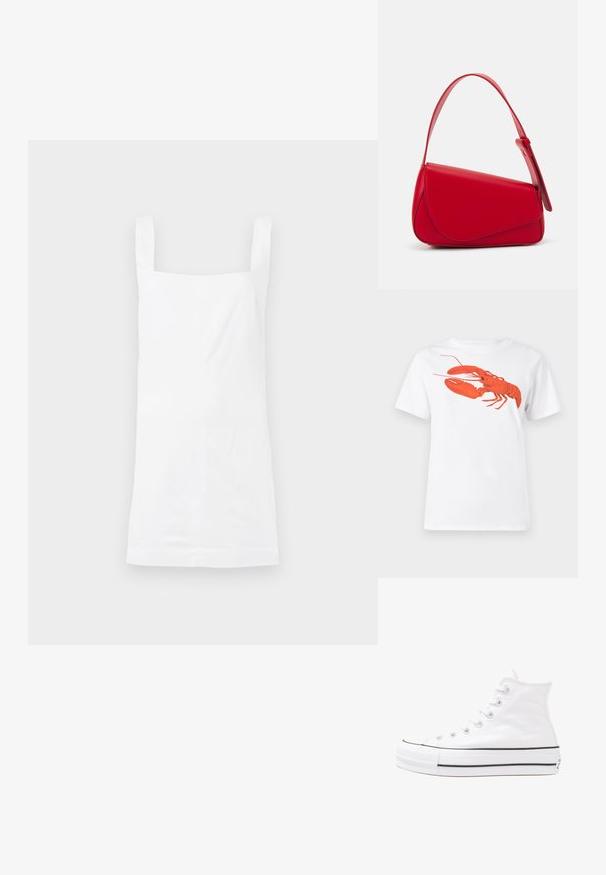 Balts bez piedurknēm tops, izgatavots no gludas auduma, ar kvadrāta formas kakla izgriezumu un taisnu apakšmalu. Vienkāršs dizains bez redzamām ornamentiem vai akcentiem.; Balta kokvilnas T-krekls ar lielu, spilgti sarkanu omāru grafiku uz priekšu. Īsas piedurknes un standarta apļveida kakla dizains.; Balti augstie kanvas sporta apavi ar melnu gumijas zoli, priekšējo gumijas purngalu un sešām acīm lencēm, kuriem ir tīrs, minimālistisks dizains.; Sarkans ādas rokassomi ar stūrainu, ģeometrisku dizainu. Iekļauj vienu regulējamu siksnu un vāku ar izšūtu detaļu.