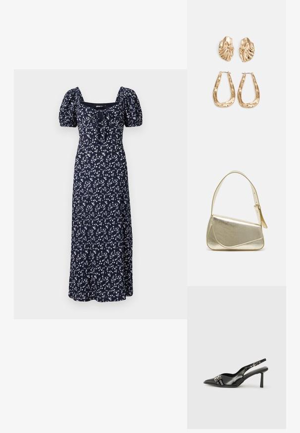 Jūras spēku ziedu maksi kleita ar puff piedurknēm, kvadrātveida dekoltē un sasienamu detaļu priekšpusē. Rotāta ar izmētātiem baltiem ziediem.; Melnā patentēta ādas sandale ar norādītu purngalu, potītes siksniņām ar sudraba sprādzēm un aparatūru, kā arī smalku papēdi.; Zelta metāla somiņa ar strukturētu dizainu, gludu tekstūru un regulējamu siksniņu. Iezīmējas ar unikālu trīsstūrveida formu un minimālistisku šuvumu.; Zelta krāsas auskari ar teksturētām, viļņotām formām. Iekļauts skulpturāls piespraužams modelis un atvērta gredzenveida konstrukcija ar izsistām virsmām.