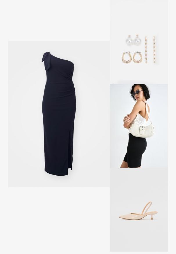 Rochie neagră cu un umăr, cu un design ajustat, detalii pliate la talie și o fanta pe lateral care se extinde până la mijlocul coapsei. Textură de țesătură moale.; Pantofi cu toc slingback din piele patent bej, cu vârf ascuțit și toc subțire, pătrat. Textură netedă și design minimalist, fără detalii decorative.; Geantă de piele albă cu o formă curbată, curea reglabilă și un detaliu mic cu cataramă. Modelul poartă o ținută neagră ajustată.; Trei perechi de cercei: cercei cu perle albe mari, cercei tip cerc din aur cu pietre clare și două cercei lungi, drepți, din aur cu detalii strălucitoare.