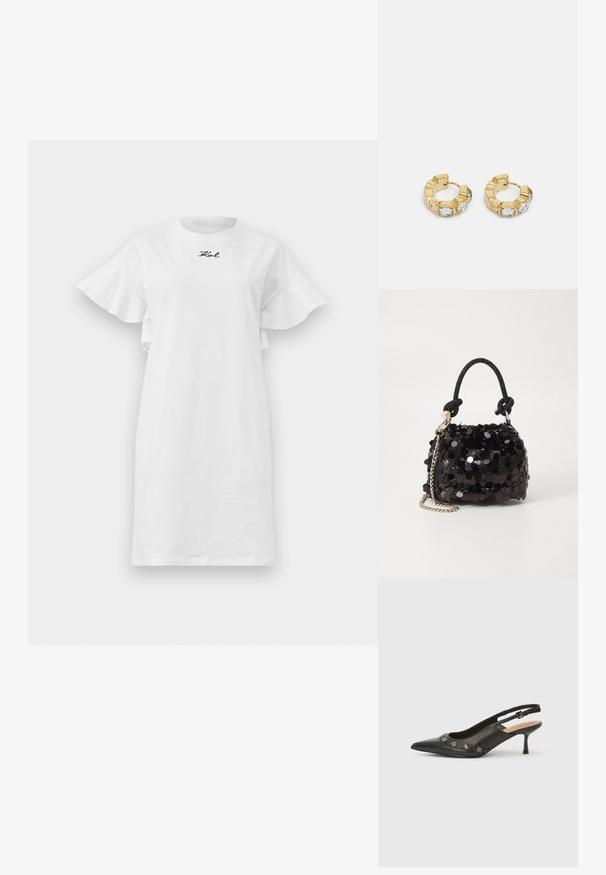 Bílá bavlněná šaty s krátkými volánkovými rukávy a kulatým výstřihem, s černě vyšitým textem v blízkosti límce. Jednoduchý a rovný střih.; Černá kožená lodička se zadním páskem, špičatou špičkou, nízkým podpatkem a dekorativními kovovými detaily podél předního otevření. Hladký povrch.; Černá mini kabelka s flitry, s uzlovým texturovaným popruhem a stříbrným řetízkem. Zaoblený tvar s nařaseným vrchem a reflexními detaily.; Zlaté kruhové náušnice s texturovaným designem a třemi jasnými krystalovými akcenty na jedné straně, které nabízejí moderní geometrickou estetiku.