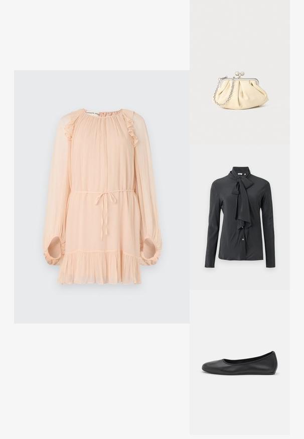 Šviesiai persikinė ilgomis rankovėmis su raukšlėmis, minkšta tekstūra, laisvas siluetas, reguliuojama juosmens juosta ir platėjantis sijonas. Savybė - surinktos rankovės.; Tamsiai pilka bliuska su rišamu kaklo apykakle, ilgomis rankovėmis ir mygtukų uždarymu. Pagaminta iš lygaus audinio su švelniu blizgesiu.; Juodai odiniai baletai su apvaliu pirštu, lygi texture, minimalus siuvimo detales ir lanksčiu padų dizainu.; Plyšiniai smėlio spalvos odiniai rankinukai su sidabriniu metaliniu rėmu, turintys du apvalius dekoratyvinius užtrauktukus ir sidabrinę grandinėlę.