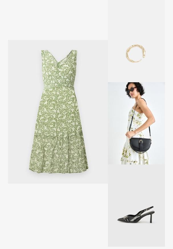 Zelena cvjetna haljina s V-izrezom i bez rukava, koja ima smushed gornji dio i višeslojni volanasti rub. Tekstura tkanine.; Crna lakirana slingback cipela s izduženim vrhom, remenčićima oko gležnja s srebrnim kopčama i dijelovima, te vitkim potplatom.; Crna kožna torba s lukovitim oblikom, odvojivim remenom i zlatnim detaljima. Torba ima preklop s kopčom.; Prsten u zlatnoj nijansi s organskim, uvijenim dizajnom, glatkom teksturom i suženim krajevima, koji stvara moderan, skulpturalni izgled.