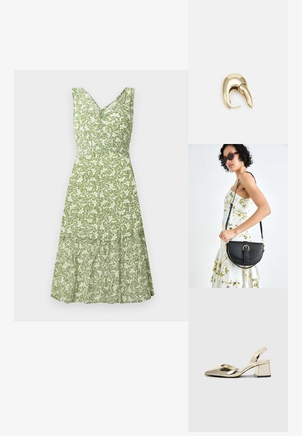 Žalias gėlių suknelė su V formos iškirpte ir be rankovių dizainu, turi smulkintą liemenį ir sluoksniuotą volanų apatinę dalį. Tekstūruota medžiaga.; Auksiniai, metaliniai slingback aukštakulniai bateliai su smailiu pirštu ir masyviu kulnu. Lygus paviršius, minimalizmo dizainas ir siaura juostelė.; Juodas odinis krepšys su išlenkta forma, nuimamu dirželiu ir auksiniais detalėmis. Krepšys turi kilpą su sagtimi.; Aukso tono metalinės auskarai su stilingu, kreiviu dizainu. Išsiskiria ryškiu smailiu pavidalu, poliruota paviršiumi ir užsegimu su vyriu.