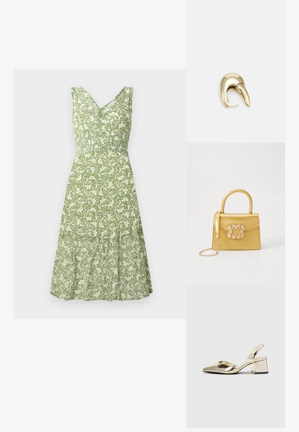 Grønt blomstrete kjole med v-hals og uten ermer, med en smocket midje og lagdelt volangkant. Teksturet stoff.; Gull, metallisk slingback-hæler med spiss tå og chunky hæl. Glatt tekstur, minimalistisk design og en smal stropp.; Gul faux-krokodille veske med en strukturert design, toppen håndtak, avtagbar kjede stropp, og dekorativ krystallbortsettelse på låsen.; Gullfarget metalløredobber med et elegant, buet design. Har en karakteristisk spiss form, polert overflate og hengsel-lukking.