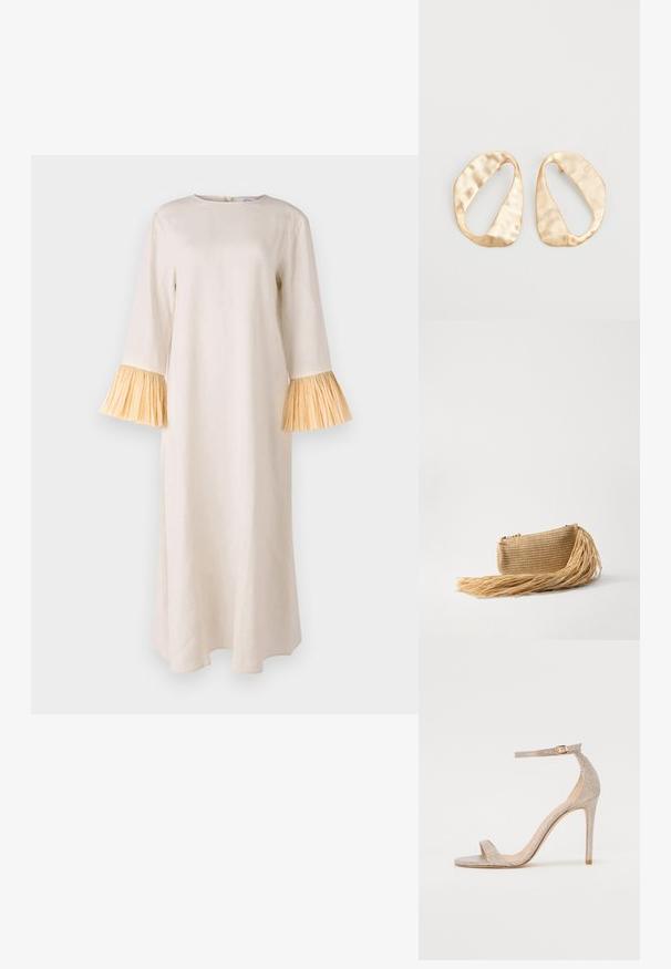 Sleeper CRUSOE MAXI DRESS - Rochie maxi - coconut milk; Sandale cu toc înalt, cu curelușe, de culoare aurie metalizată, având un toc texturat, vârful deschis și curea pe gleznă cu detalii din aur.; Cult Gaia VIERA - Geantă plic - natural; O pereche de cercei din metal de culoare aurie, cu formă ovală neregulată, având o suprafață texturată, ușor ciocănită, pe un fundal alb.