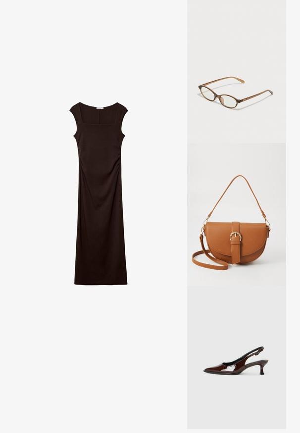 Stradivarius MIDI WITH SQUARE NECKLINE - Jerseykleid - dark brown; Braune Lackleder-Slingback-Schuhe mit spitzer Zehe und moderatem Absatz. Mit einem Schnallenriemen für einen sicheren Sitz. Glatte Textur.; Braune Schildpatt-Brille mit ovalen Gläsern, dünnen Bügeln und transparenten Akzenten. Verfügt über ein dezentes Logo am Bügel. Elegantes, leichtes Design.; Braune Leder-Crossbody-Tasche mit geschwungener Form, goldfarbenen Beschlägen und einer Schnallenakzentuierung. Verfügt über einen abnehmbaren Schultergurt.