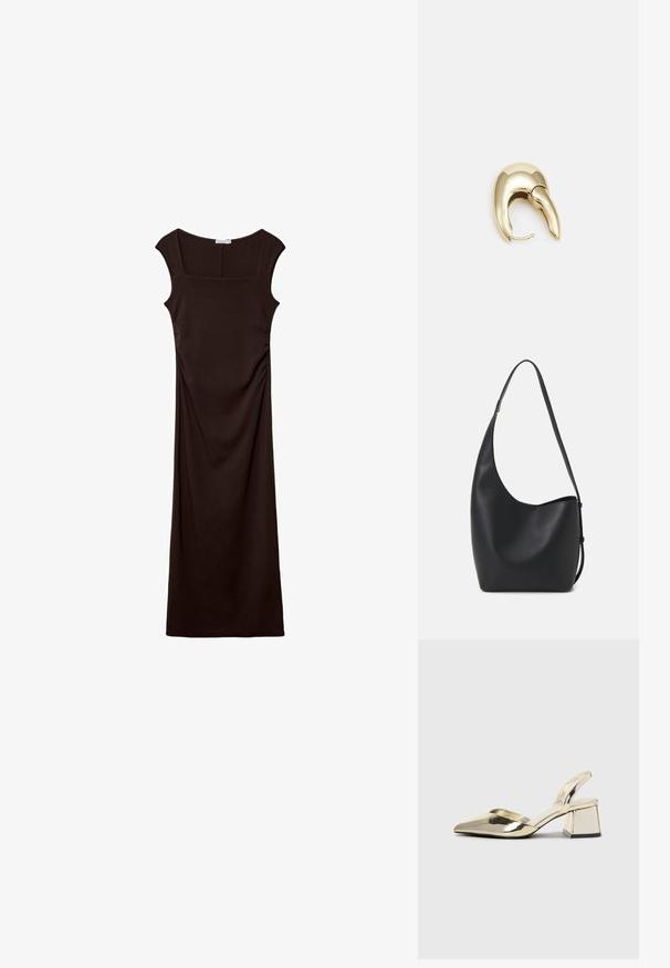 Stradivarius MIDI WITH SQUARE NECKLINE - Jerseykleid - dark brown; Goldene, metallische Slingback-Absätze mit spitzem Zeh und dicker Ferse. Glatte Textur, minimalistisches Design und ein schmaler Riemen.; Schwarze Leder-Hobo-Tasche mit einer glatten Textur, geschwungener Form und einem einzelnen verstellbaren Tragegurt; verfügt über eine weite Öffnung am oberen Ende.; Ohrringe aus goldfarbenem Metall mit einem schlanken, geschwungenen Design. Sie verfügen über eine markante, spitze Form, eine polierte Oberfläche und einen Scharnierverschluss.