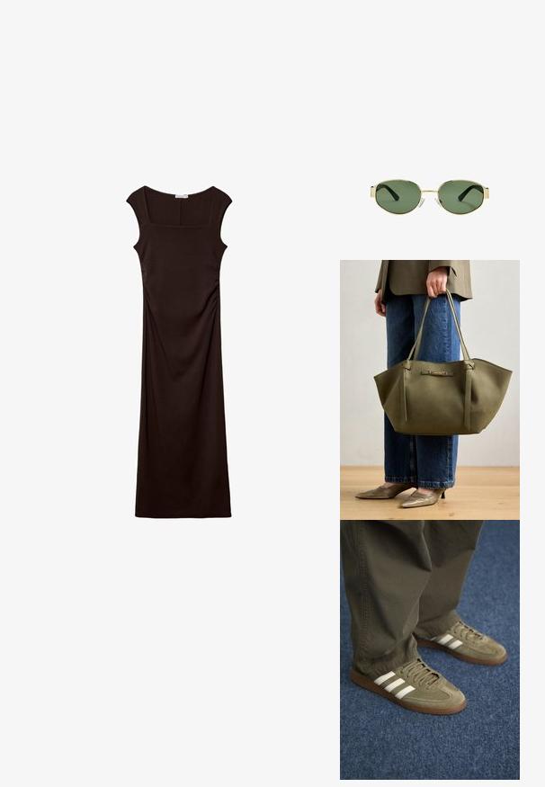 Stradivarius MIDI WITH SQUARE NECKLINE - Trikoomekko - dark brown; Vihreät mokkanahkakengät, joissa on kolme valkoista raitaa, ruskea kumipohja ja teksturoitu nauhoitus, yhdistettyinä oliivinvihreisiin housuihin sinisellä matolla.; Kultaiset metallikehyksiset aurinkolasit, joissa on vihreät sävytetyt linssit, soikea muoto, mustat sankaluvat ja kirkkaat nenätyynyt. Siisti, minimalistinen muotoilu.; Olivinvihreä kantokassi, jossa on kaksoiskahvat, sileä pinta ja metallinen logokoriste. Pyöreä muoto, jossa on sivupaneelit; yhdistettynä sinisiin housuihin.