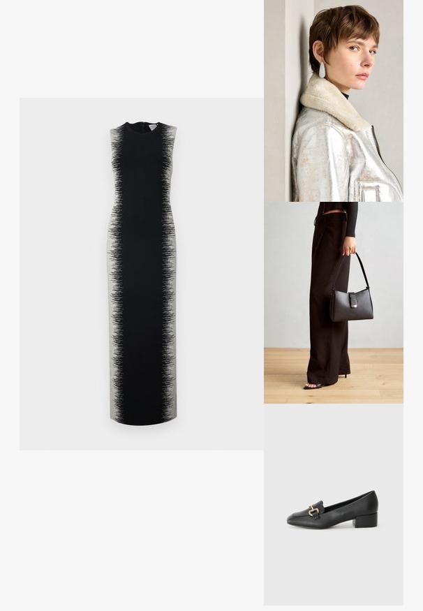 Vestido negro sin mangas con una silueta larga y estilizada que presenta un patrón degradado gris que pasa de sólido a texturizado.; Mocasines de cuero negro con tacón plano, que cuentan con un detalle decorativo de hardware dorado en la parte frontal y una textura suave.; Bolso negro con forma estructurada, textura suave y un cierre metálico. Combinado con pantalones anchos negros y sandalias de dedo en un suelo de madera.; Chaqueta de cuero metálico plateada con cuello de borreguillo, que presenta un cierre de cremallera y superficie texturizada. Pendientes grandes en forma de gota con piedras preciosas claras.