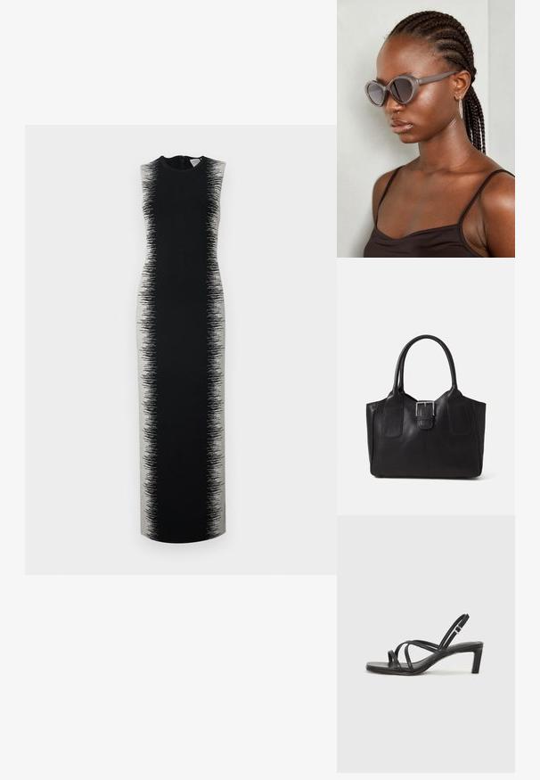 Musta ilmanhiha dressi, jossa on pitkä ja virtaviivainen siluetti, sekä harmaan sävyn gradientti, joka siirtyy tasaisesta tekstuuriksi.; Mustat hihnalligat, joissa on neliön muotoinen kärki ja matala lohkokorko. Ominaisuuksiin kuuluu useita ohuita hihnoja ja säädettävä nilkkahihna. Valmistettu sileästä nahasta.; Harmaa ylisuuri aurinkolasit, joilla on pyöreä muoto ja tummat linssit. Tyylikäs muovikehys, jossa on sileä pinta. Mallilla on letitetty hiukset.; Musta nahkainen olkalaukku, jossa on sileä pinta, ryhdikäs muoto, kaksi kahvaa ja silmienpistävä hopeinen solkiyksityiskohta edessä.